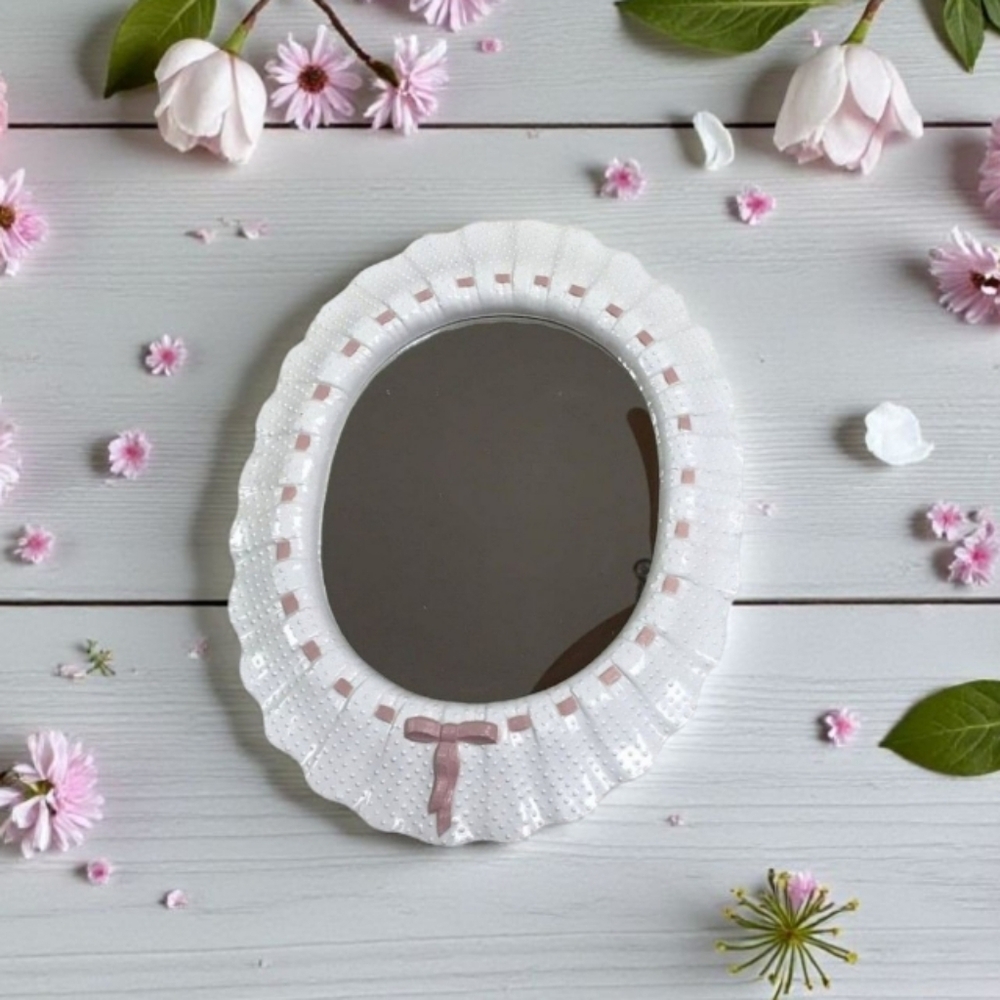 Home Interiors White and Pink Decorative Oval Mirror With Bow